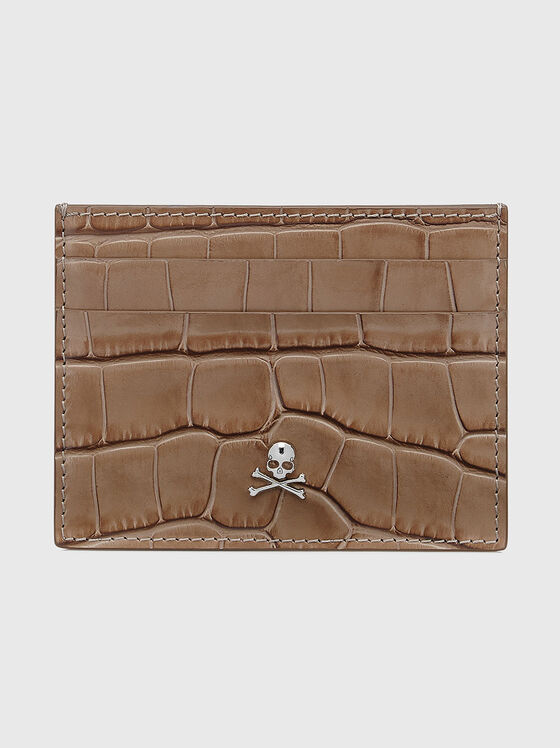 Leather card holder in beige with croco texture - 1