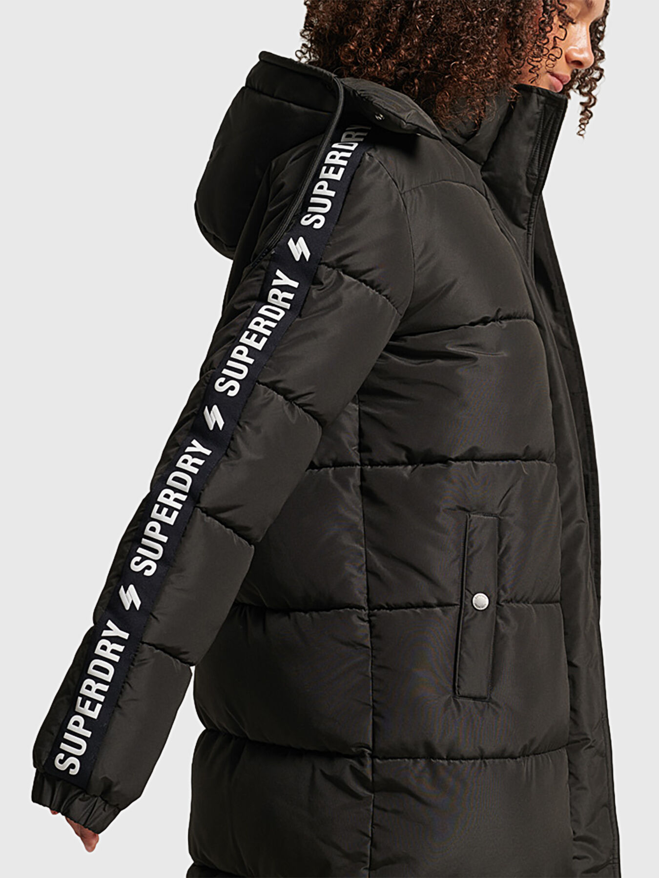 Long padded jacket with hood and logo lettering brand