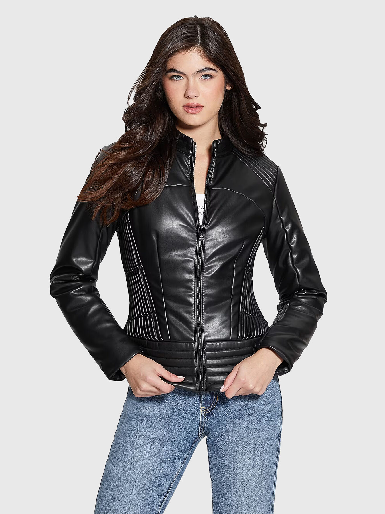 guess women's black leather jacket