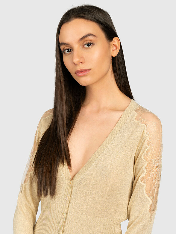 Gold-colored cardigan with lace inserts - 2