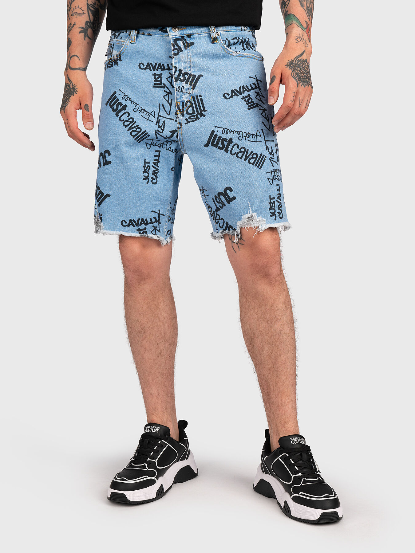 Denim shorts with art logo print brand Just Cavalli