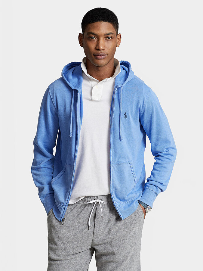 Light blue sports sweatshirt with hood and zipper brand POLO RALPH