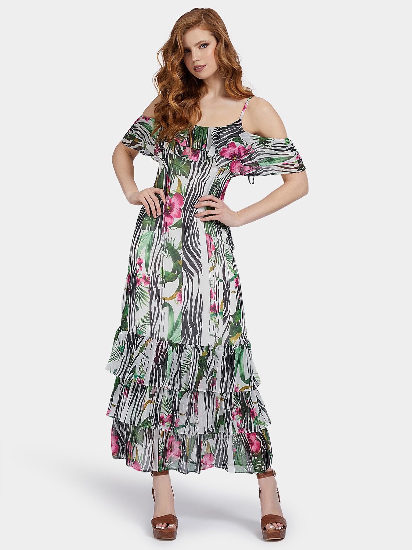 Guess printed off the shoulder dress store