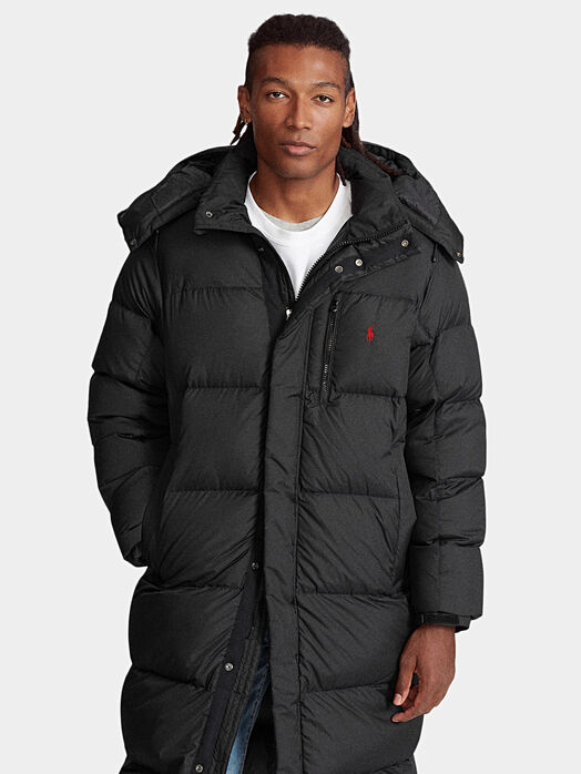 Black long padded jacket with a hood