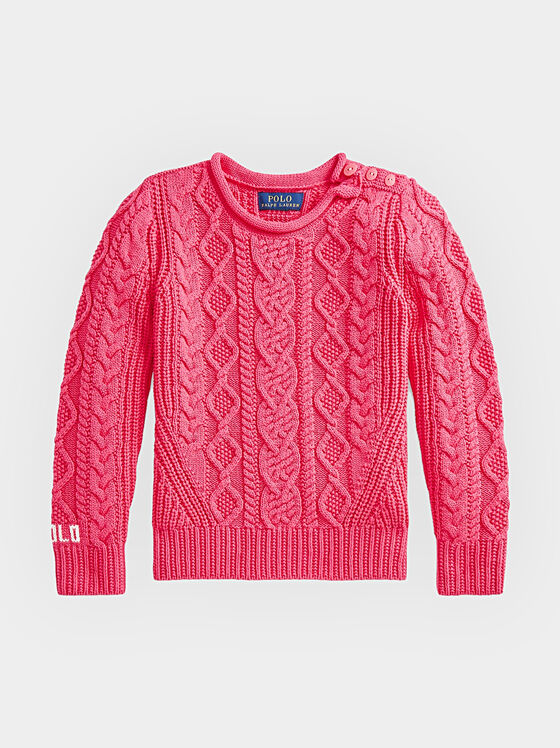 Памучен розов пуловер с контрастно лого - 1