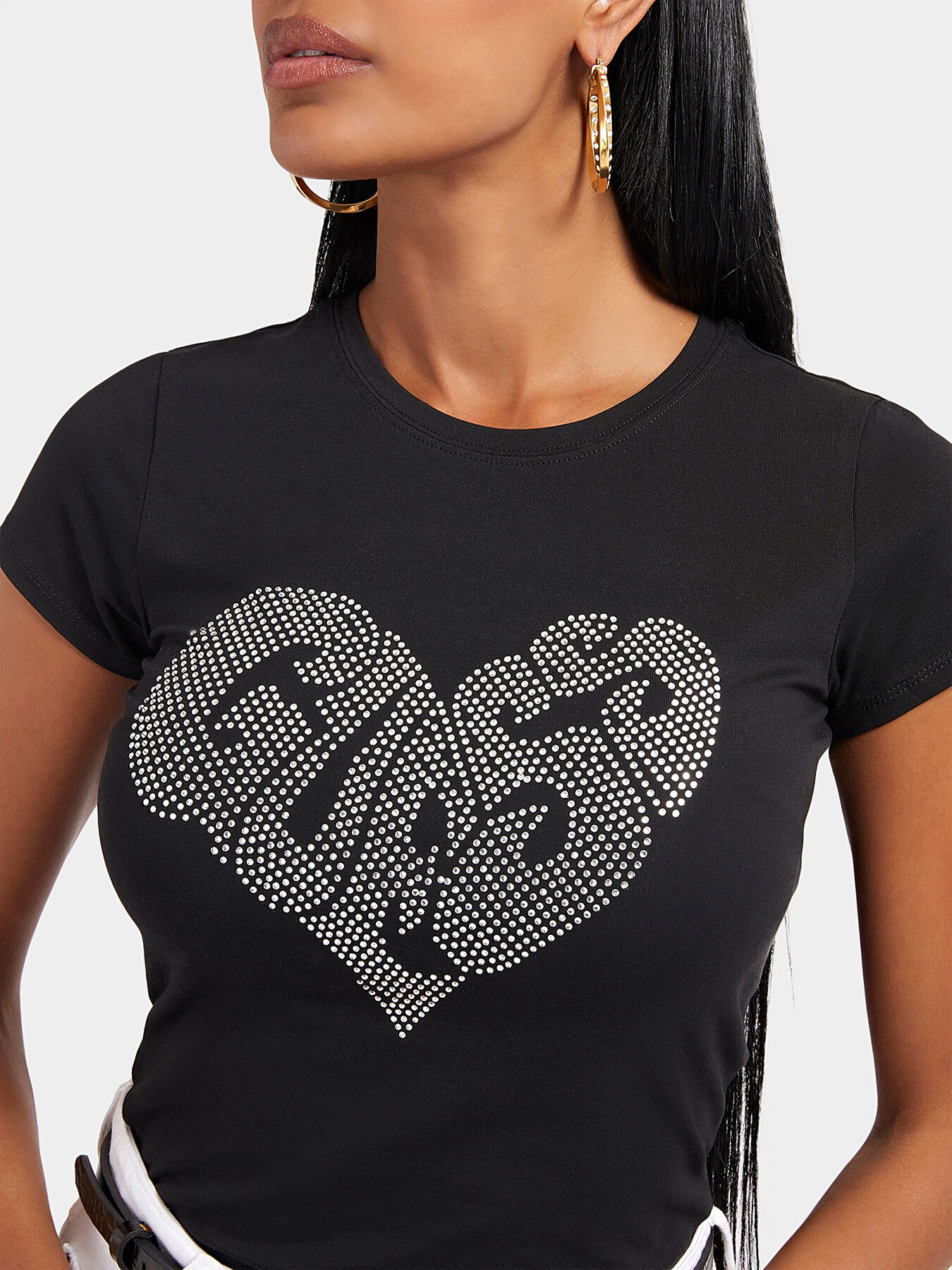 T-shirt in beige color with rhinestone logo brand GUESS