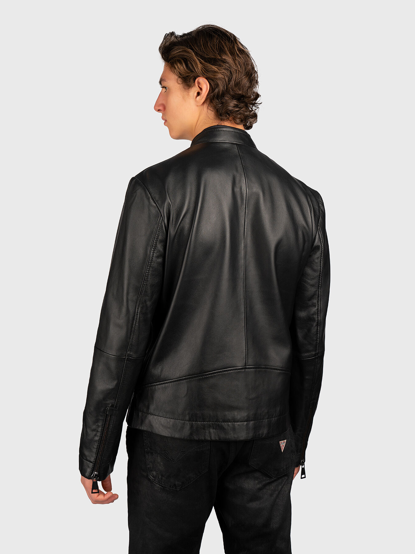 Black leather jacket with logo patch brand VERSACE JEANS