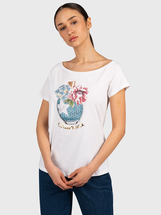White T-shirt with floral print and rhinestones
