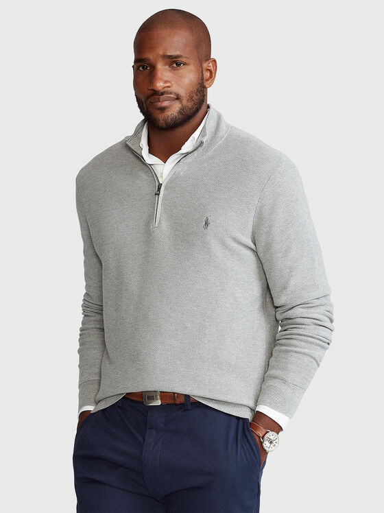 Сив памучен пуловер с цип и лого бродерия - 1