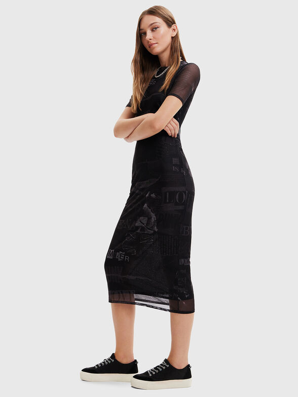 Midi black dress with short sleeves and print - 4