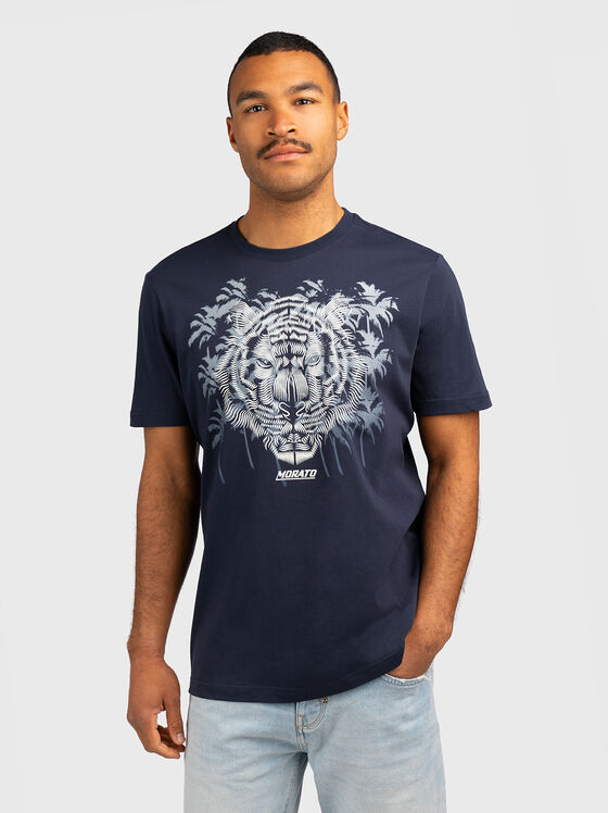 Cotton T-shirt with print in dark blue color - 1