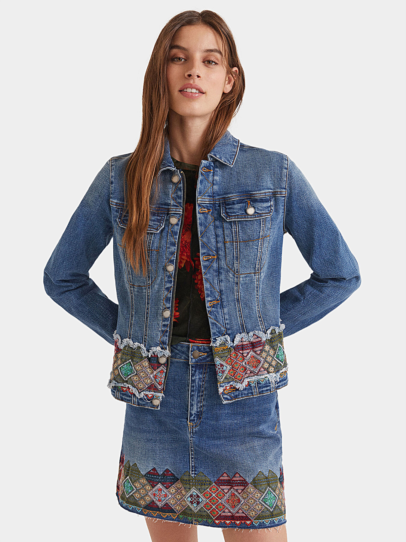Denim jacket with multicolor details 