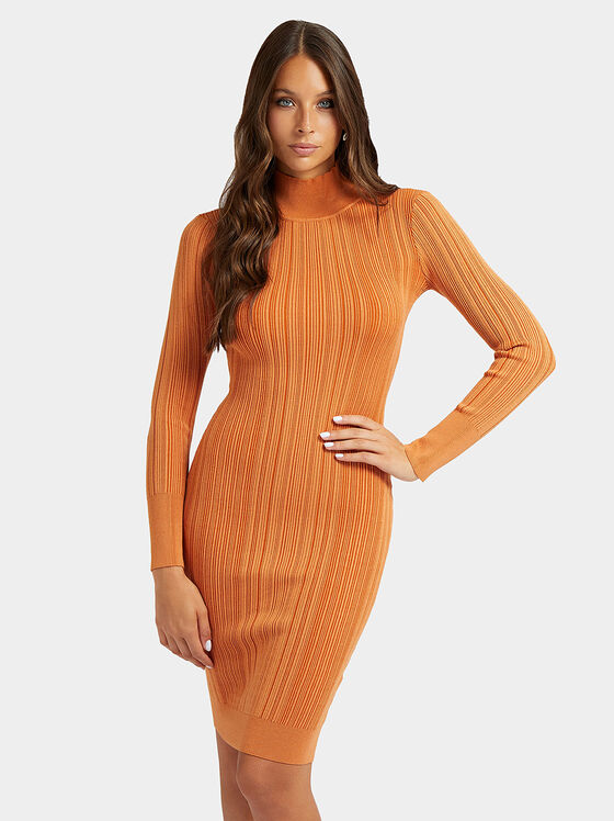 Оранжева плетена рокля с поло яка - 1