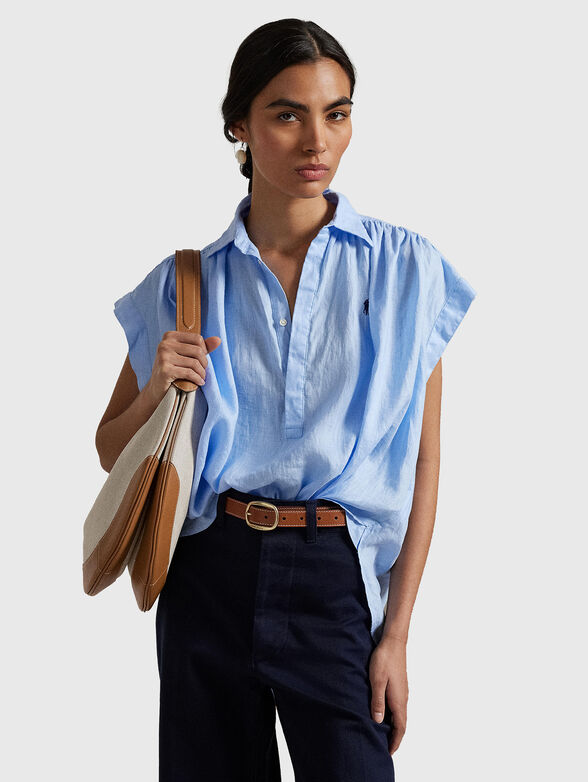 Blue linen blouse with logo embroidery - 0