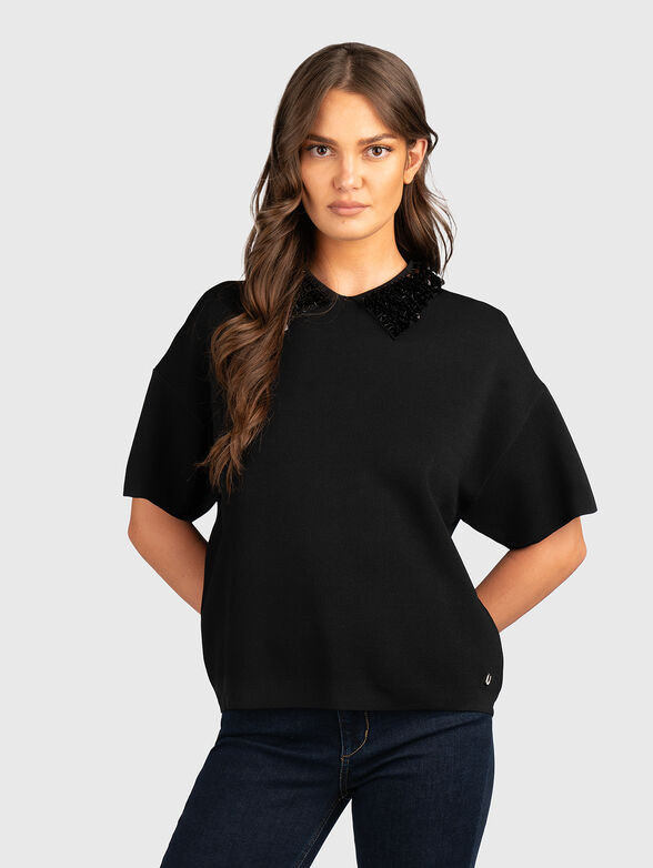 Short-sleeved sweater with accent collar - 1