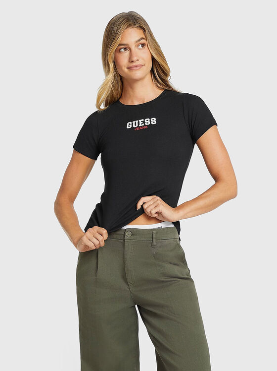 Памучна слим тениска с лого бродерия - 1