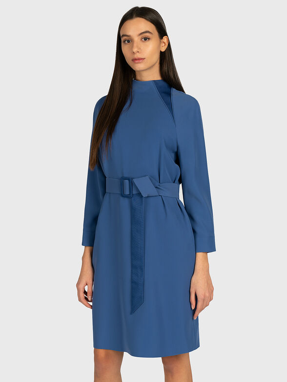 Blue dress with high neck and matching belt - 1