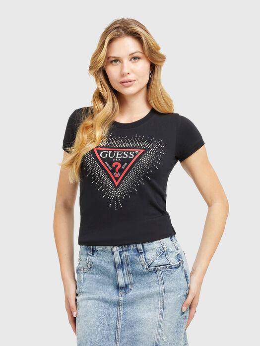Black T-shirt with logo print and rhinestones