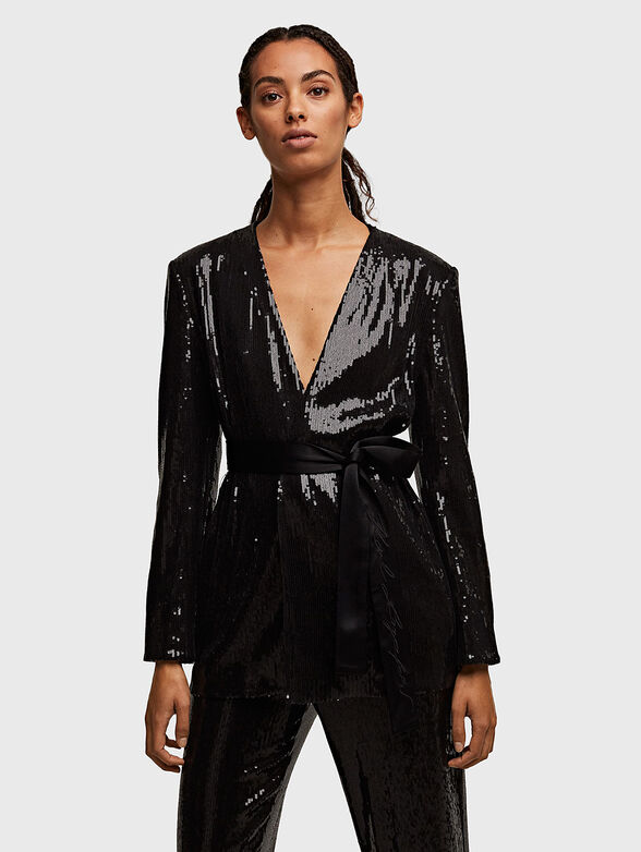 Black sequin jacket with satin belt - 1