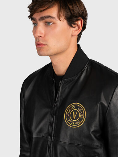 Leather jacket with embroidered logo - 3