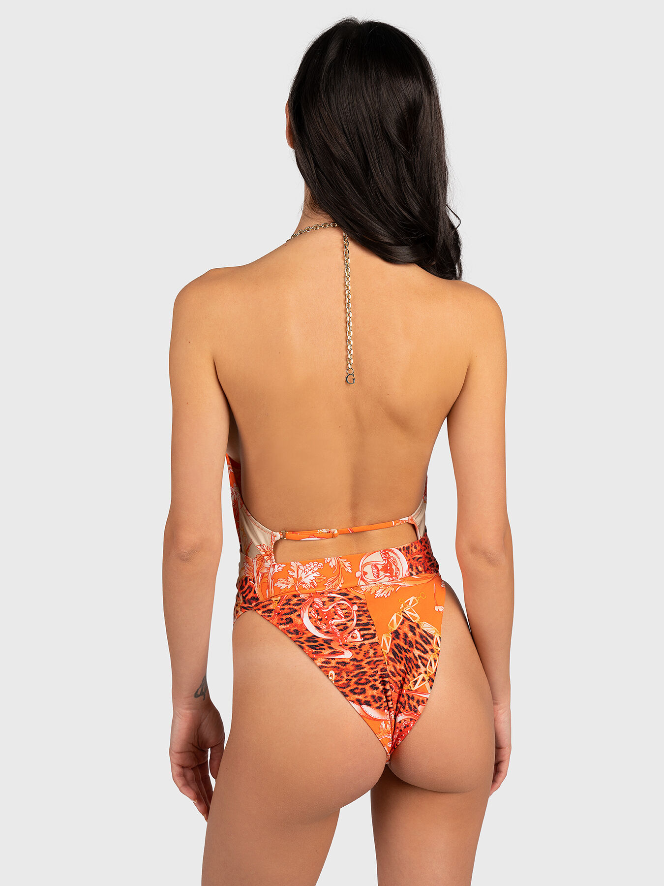 One-piece swimsuit with multicolor print and belt brand