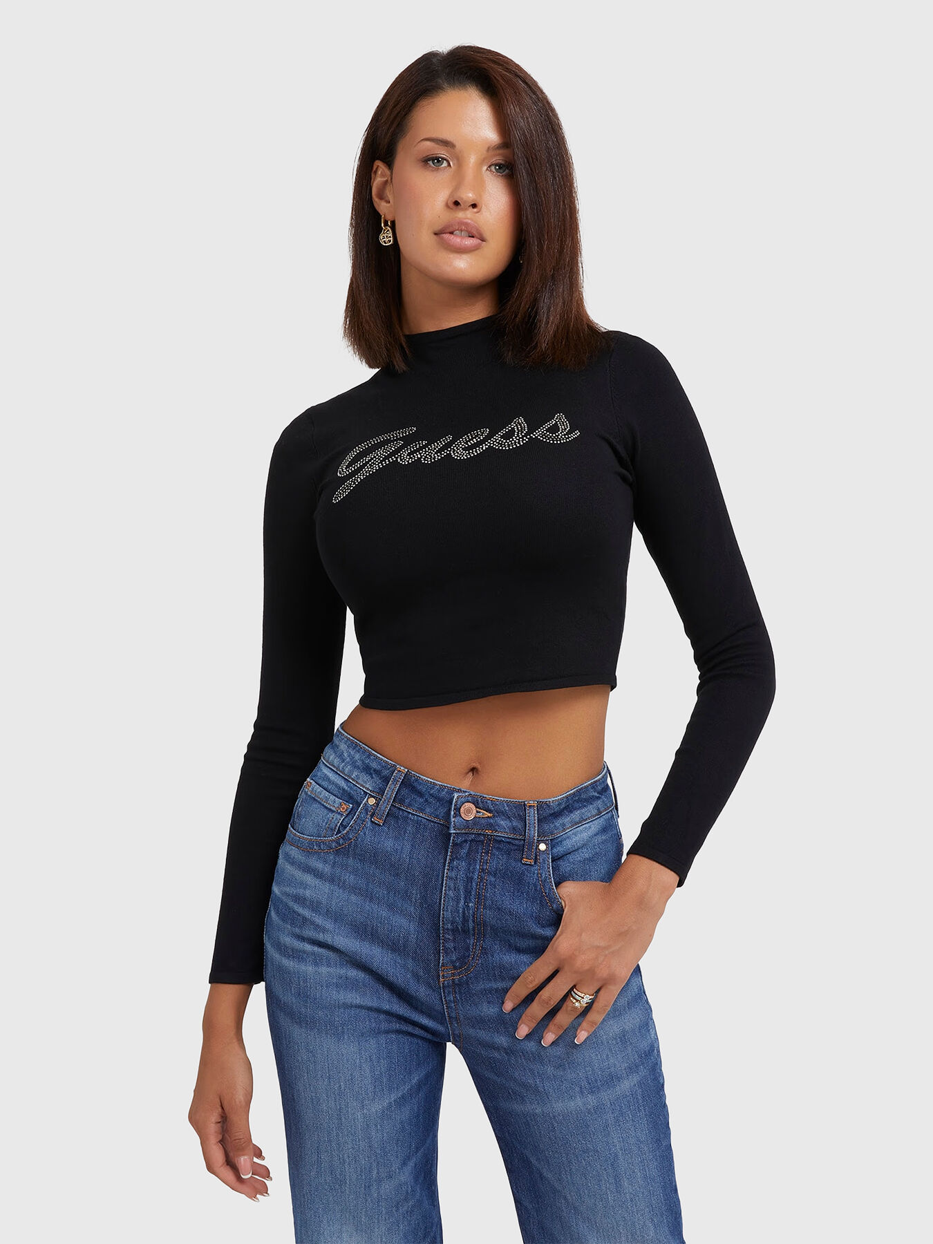 Cropped blouse with rhinestones brand GUESS