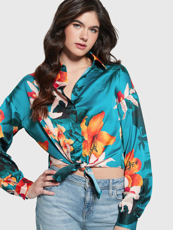 Shirt with floral print and ribbon - 4