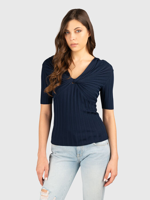 Short sleeved blouse with accent neckline
