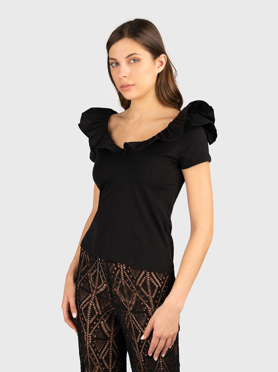 Памучна тениска с акцентно деколте - 1