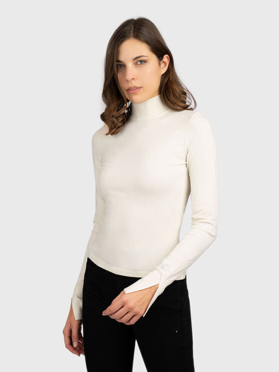 Пуловер с поло яка в екрю - 1