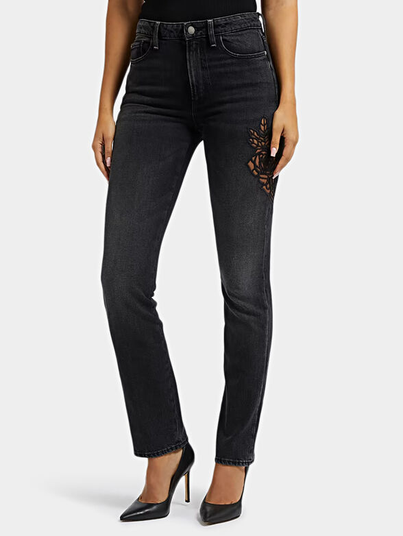 Black high-waisted jeans with embroidery - 1