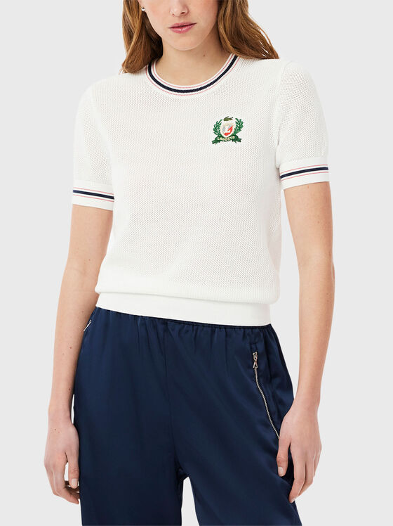 Cotton blouse with oval neckline and logo - 1