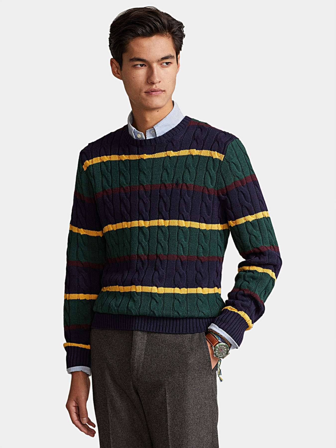 Striped cable shop knit sweater