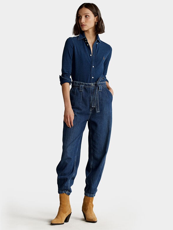 Blue cotton shirt with embroidered logo - 4