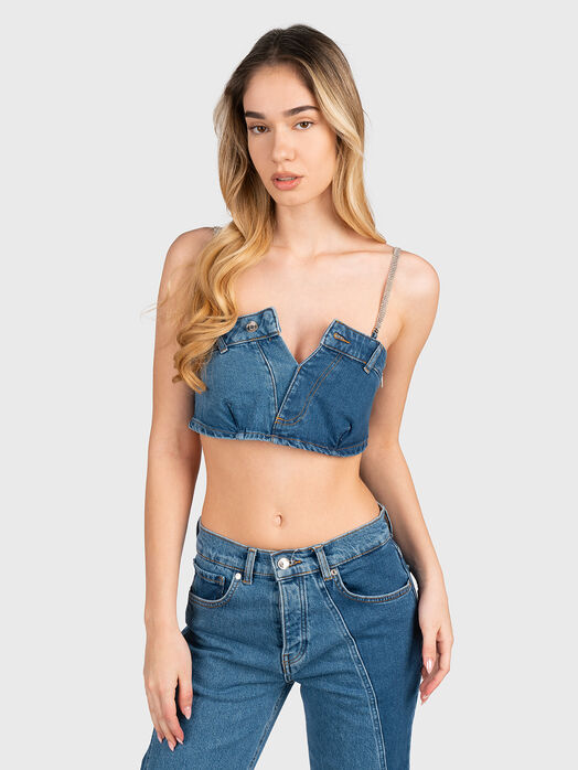 Denim top with straps from rhinestones 