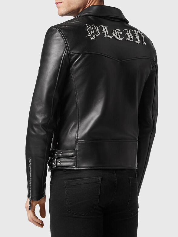 Leather biker jacket with gothic logo detail - 2