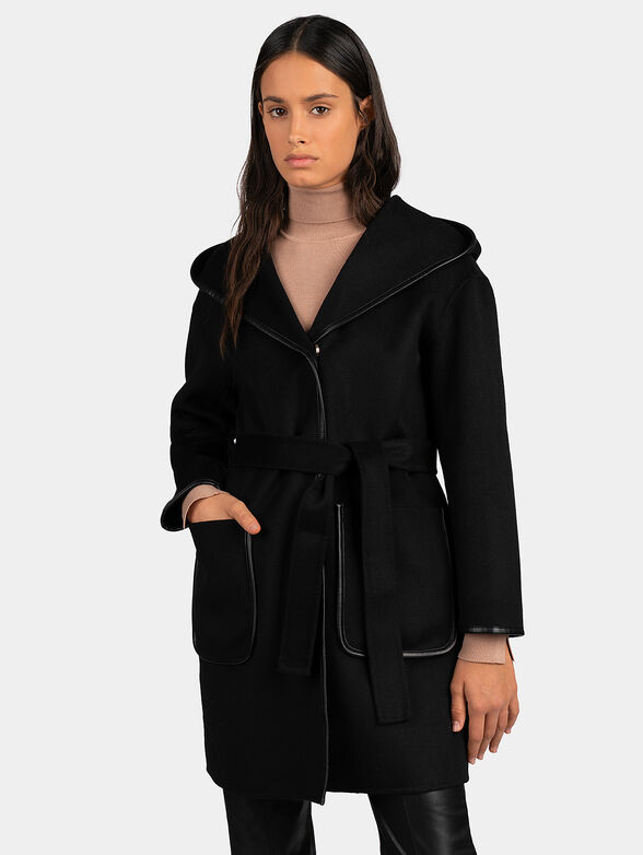 Black coat with leather details and belt - 1