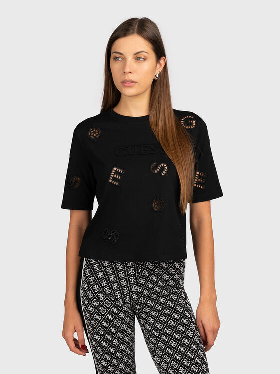 Черна тениска PEONY  с акцентни лого перфорации - 1