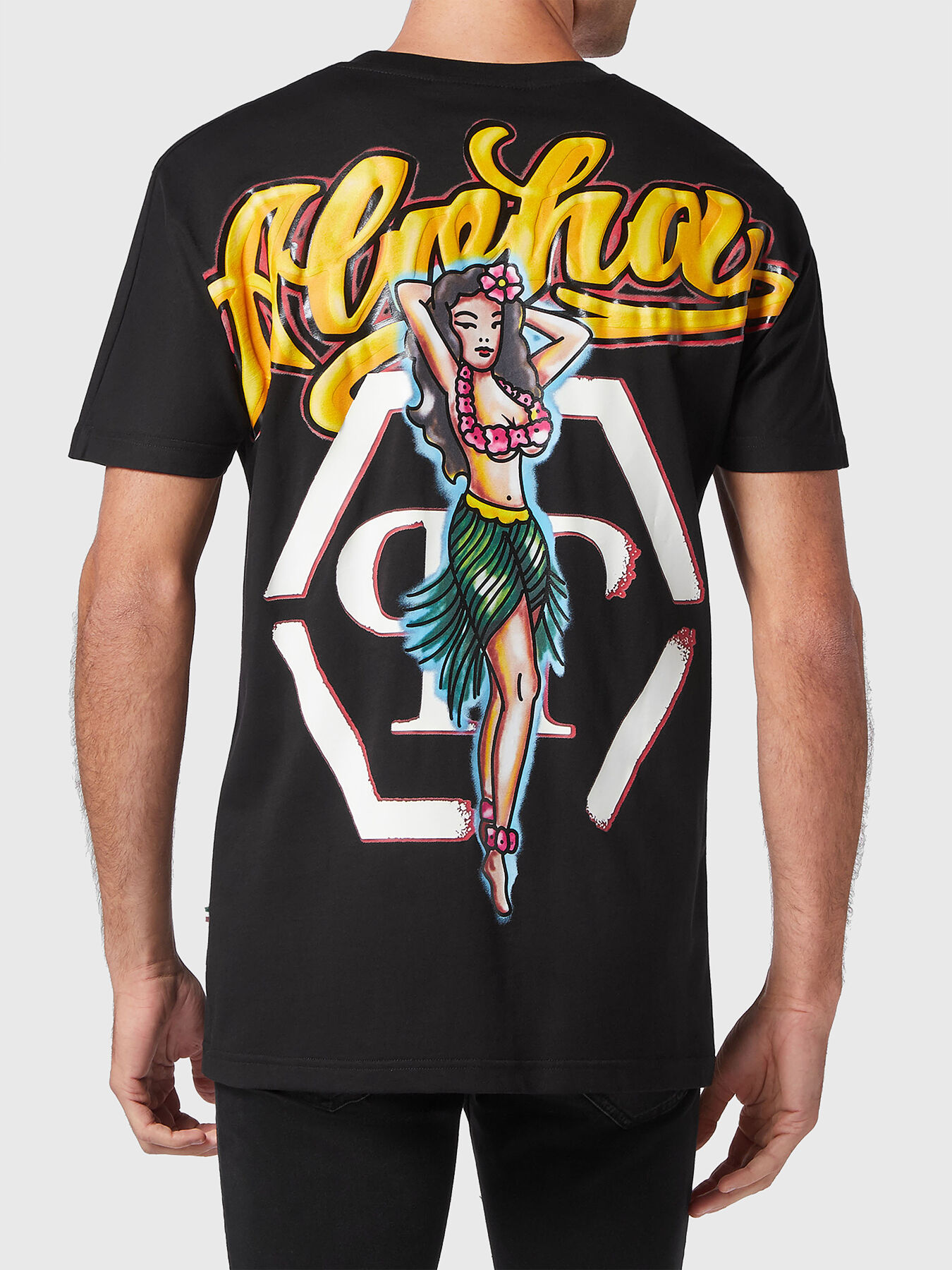 HAWAII black cotton T-shirt with print brand PHILIPP PLEIN