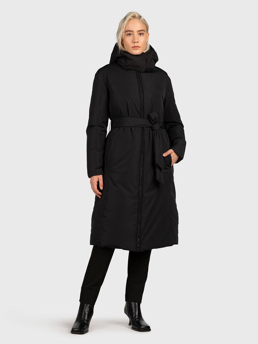 Long padded jacket with hood and belt