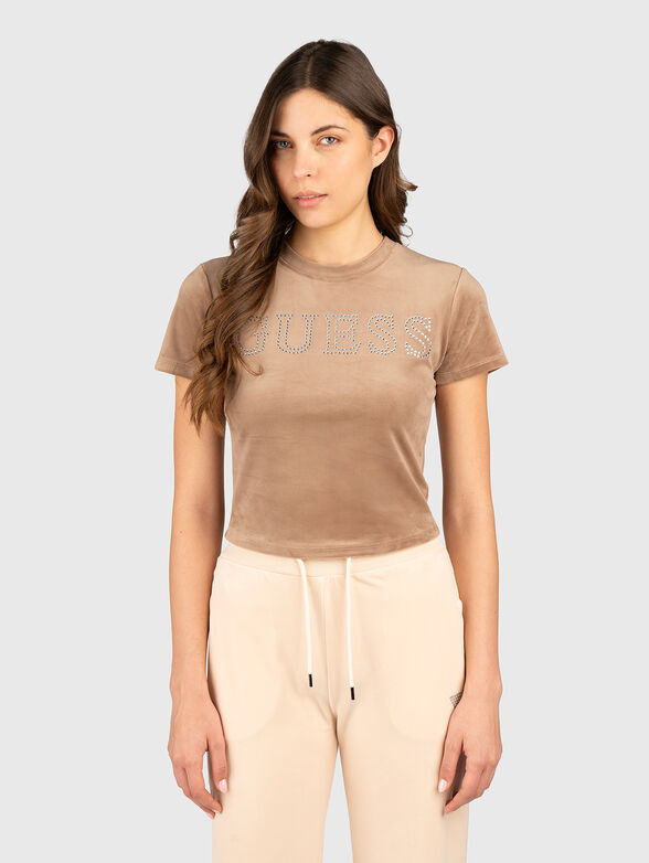 Velvet T-shirt with logo rhinestones - 1