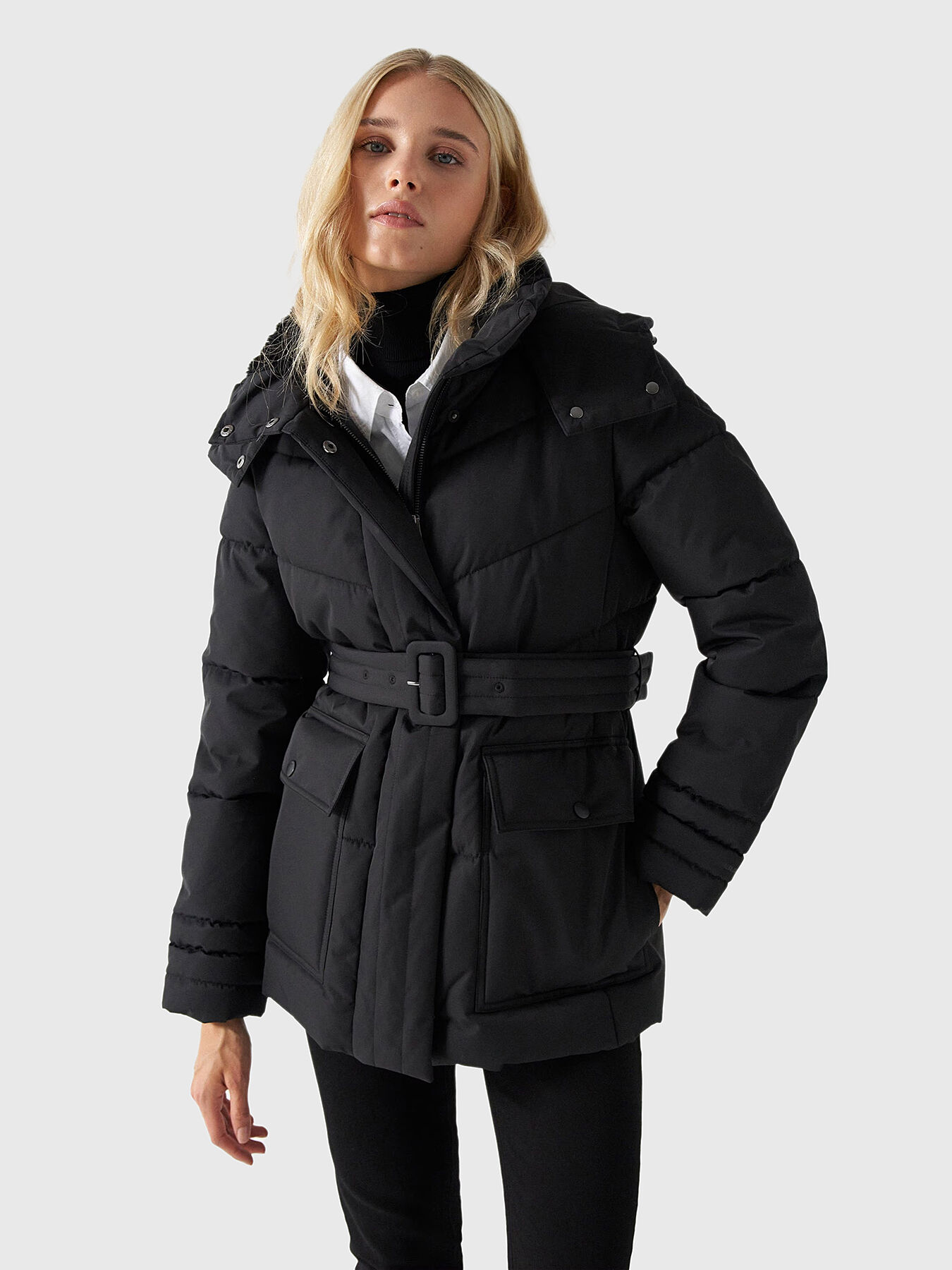 Black puffer jacket with belt discount