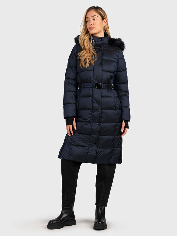 Hooded long jacket in dark blue color with belt - 1