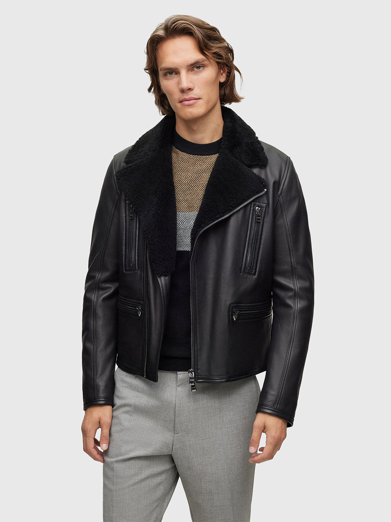 Leather jacket with sheepskin collar brand BOSS Globalbrandsstore en