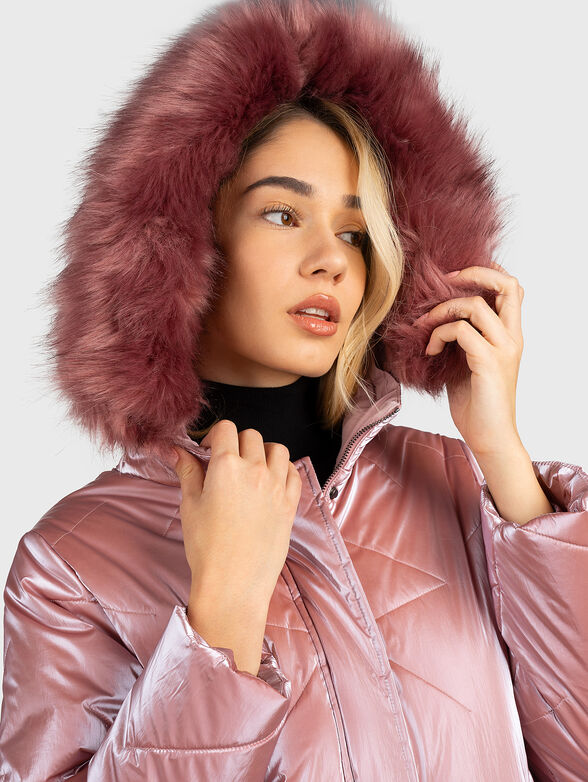 Padded pink jacket with faux fur hood - 6