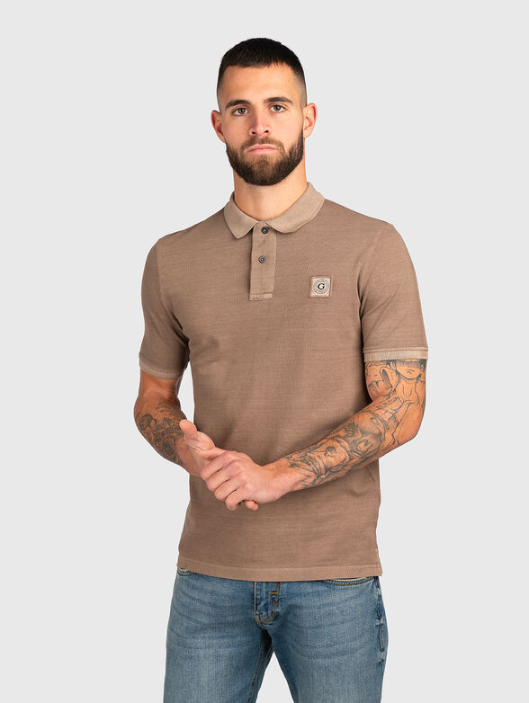 Beige cotton polo shirt with logo patch - 1