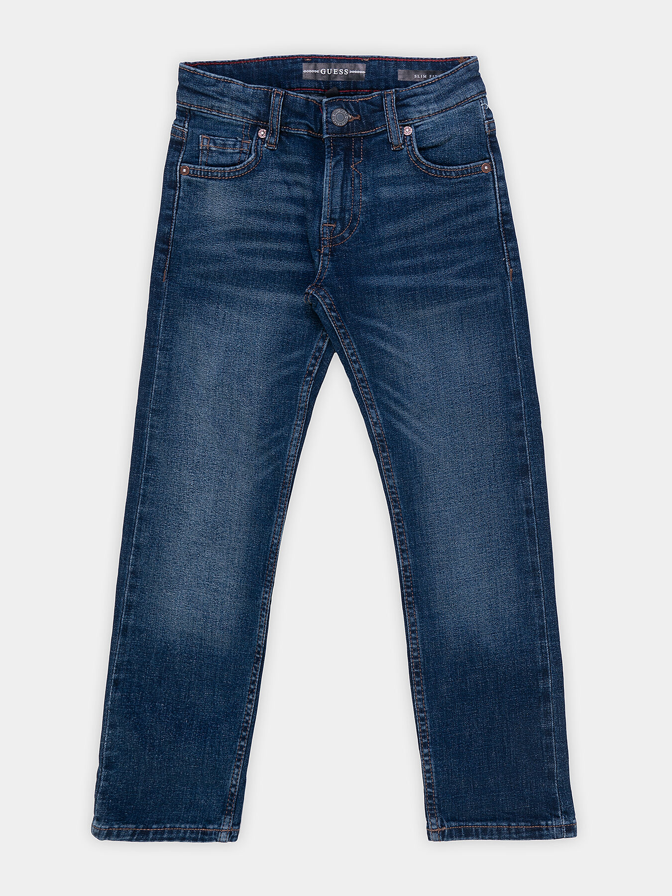 Blue jeans with washed effect and logo patch brand GUESS