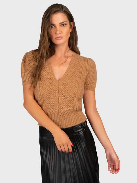 Плетен пуловер с вълна и V-образно деколте - 1