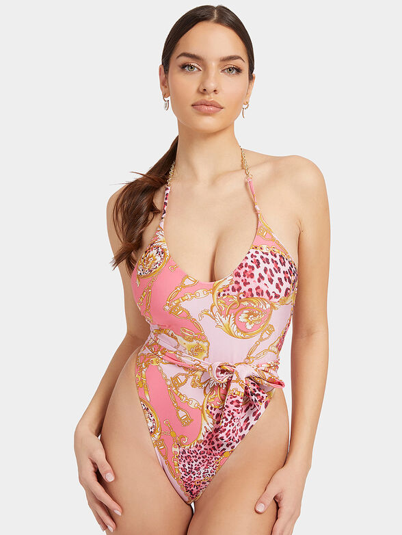 One-piece swimsuit with multicolor print and belt - 1