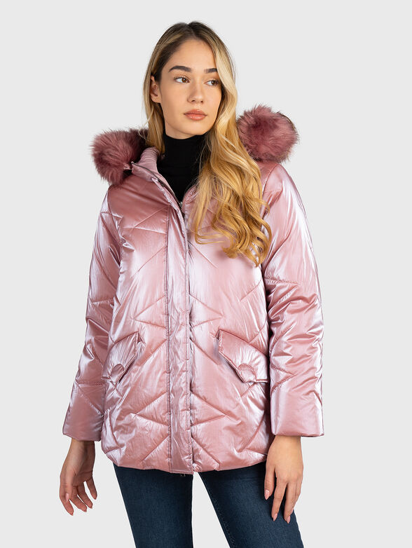 Padded pink jacket with faux fur hood - 1